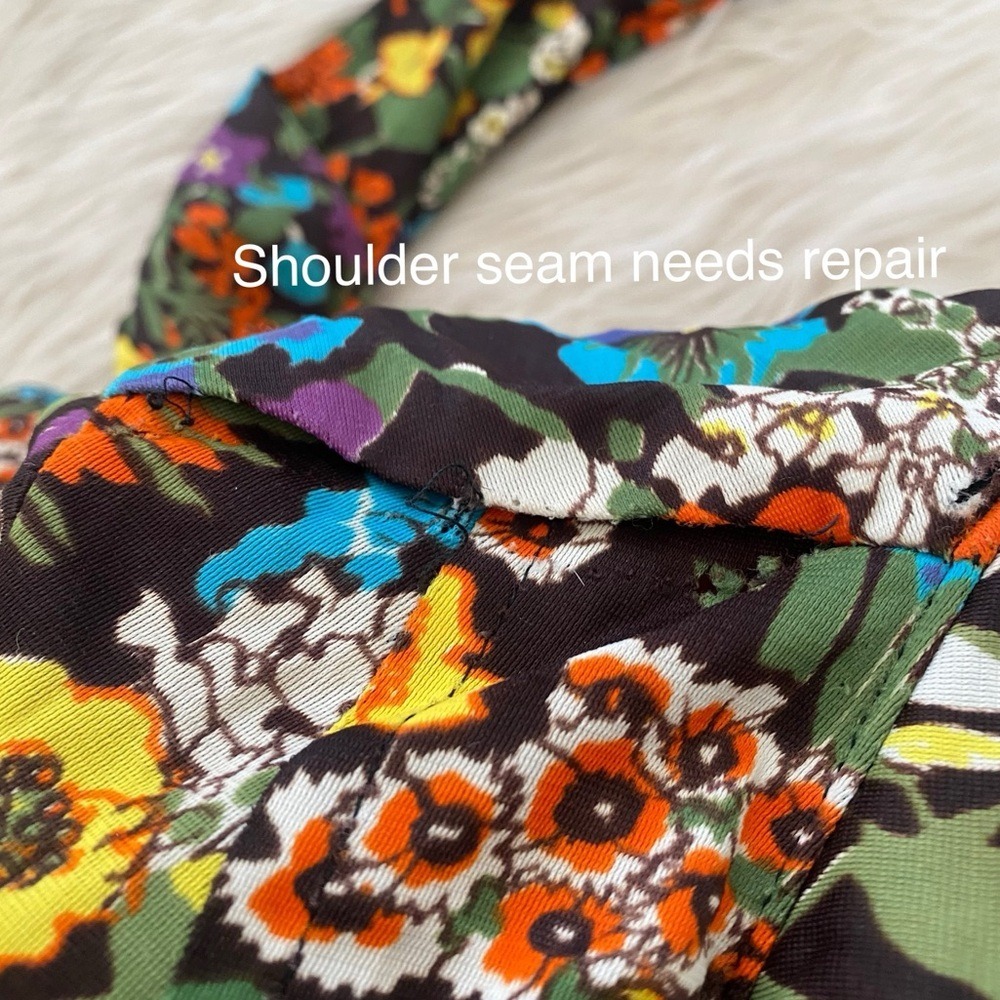Vintage 70s Retro Dark Floral Button Front Long Sleeve Mini Dress Orange Blue - Picture 14 of 16